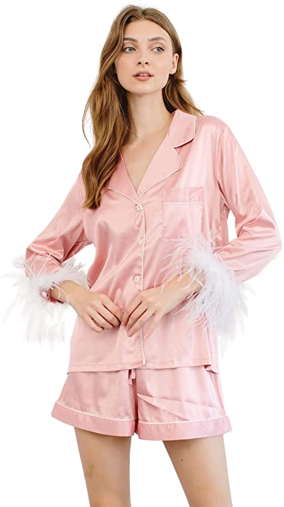 Feather Trim Pajamas with Shorts