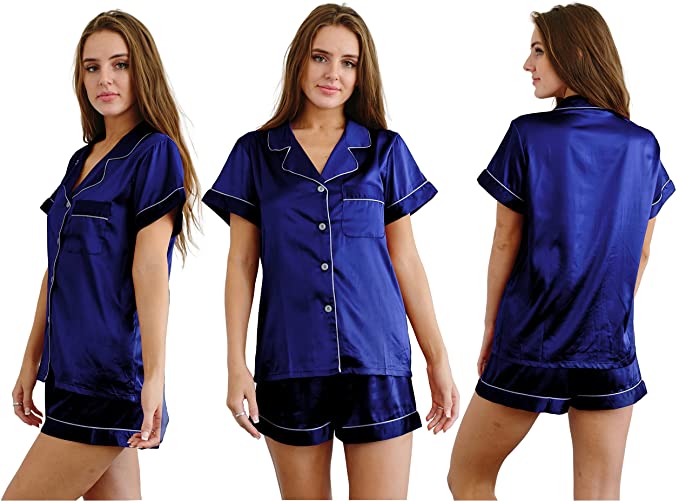 Summer Female 2-Pieces Set Imitation Silk Pajamas,Short Sleeve +Shorts  Pyjamas with Pocket,Navy Blue,XL 